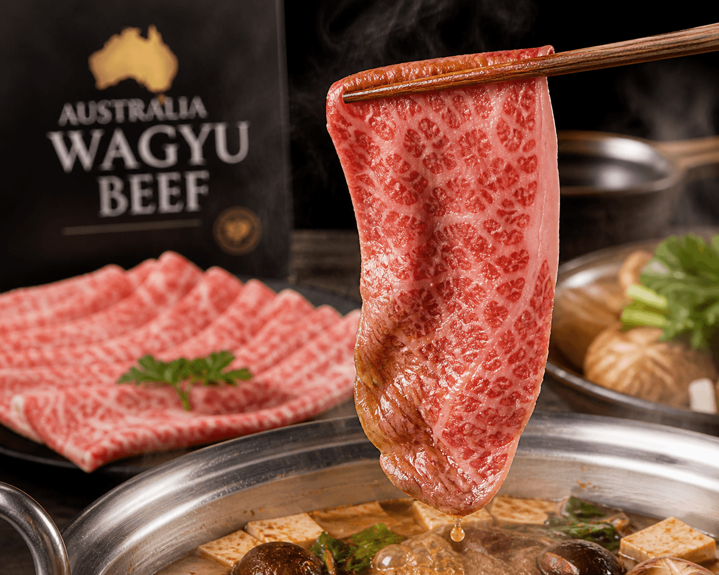 Premium MB7 Wagyu beef rolls served in a black tray with chopsticks